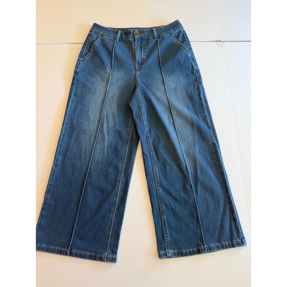 Halara Womens Wide Leg Denim Pants Medium Wash Blue Front Seam Size S Regular